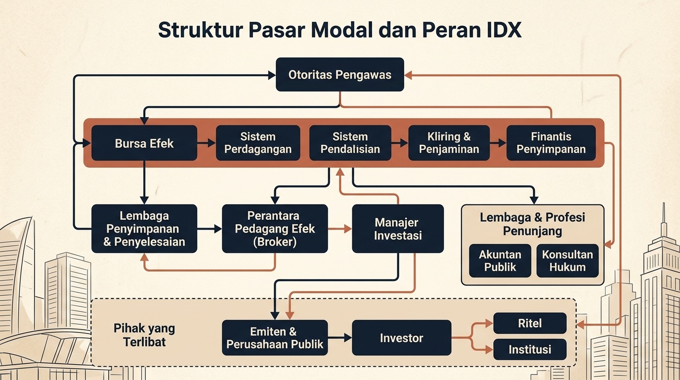 Ilustrasi struktur lembaga pasar modal dan peran bursa efek